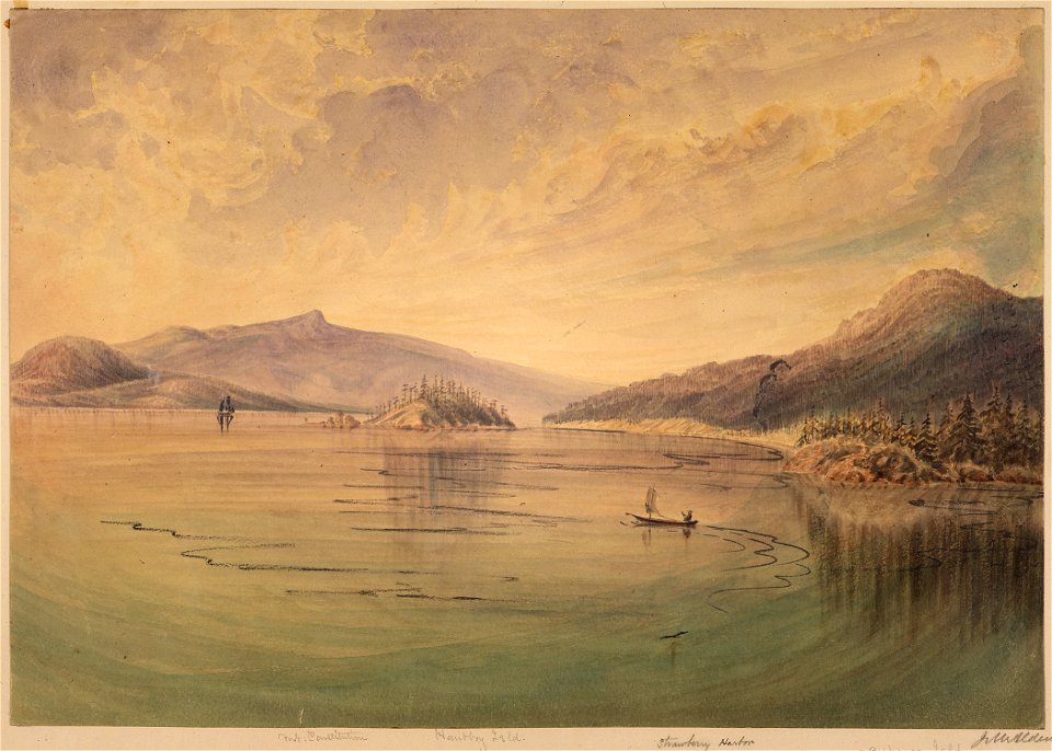 Straits of Rosario. Cypress Island and Strawberry Harbor on the right. Hautboy Island in the centre-Mt. Constitution... - NARA - 305492