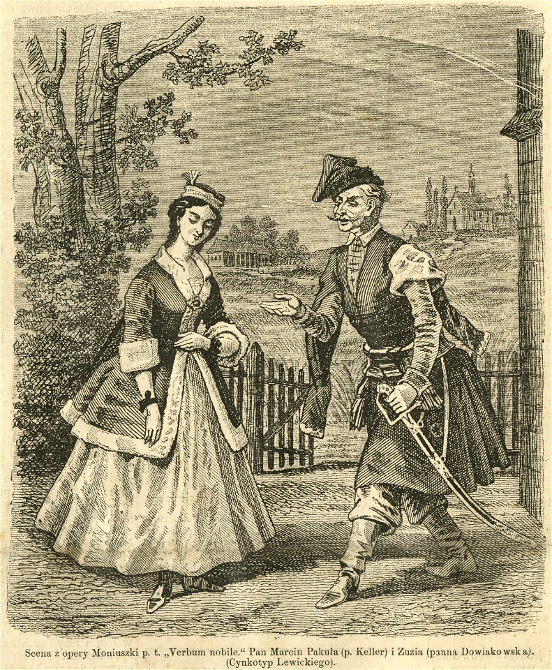 Scena z opery Moniuszki pt. Verbum nobile. Pan Marcin Pakuła (p. Kelller) i Zuzia (panna Dowiakowska) (43547)