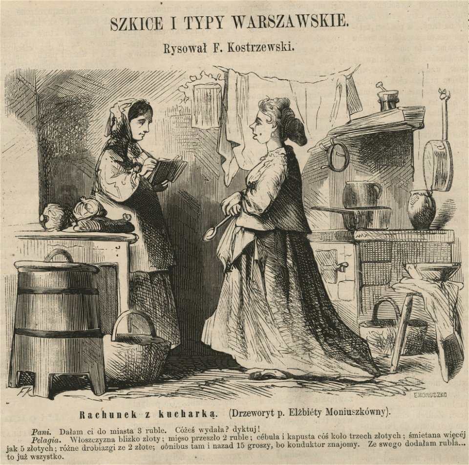 Szkice i typy warszawskie - Rachunek z kucharką - (Drzeworyt p. Elżbiety Moniuszkówny) (58095)
