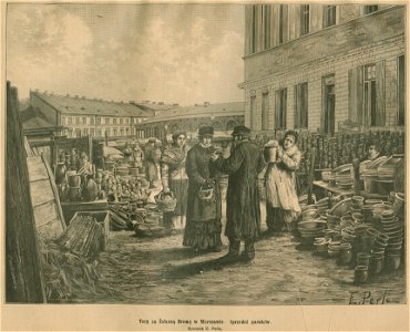 Targ za Żelazną Bramą w Warszawie Sprzedaż garnków Rysunek E. Perla (75908)