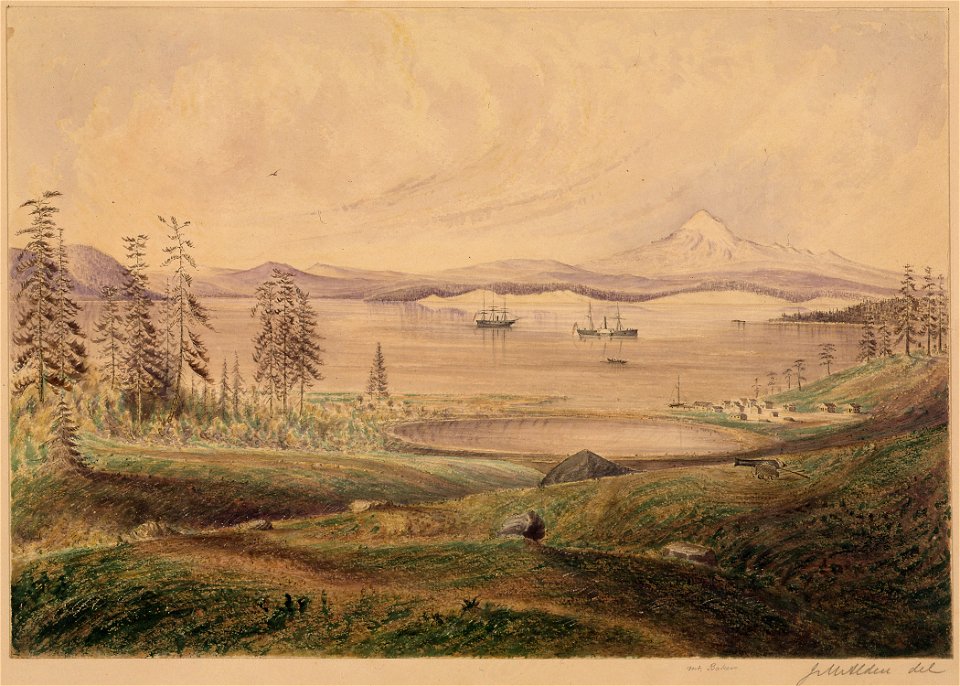 View from hill on San Juan Island looking S. with Ontario Roads Active and Satellite at anchor Lopez Island and... - NARA - 305493