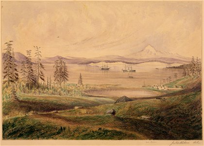 View from hill on San Juan Island looking S. with Ontario Roads Active and Satellite at anchor Lopez Island and... - NARA - 305493