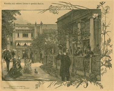 Weranda przy cukierni Loursa w ogrodzie Saskim Rysunek J. Konopackiego Ryt. K. Pomianowski w drzew. Kłosów (77065)