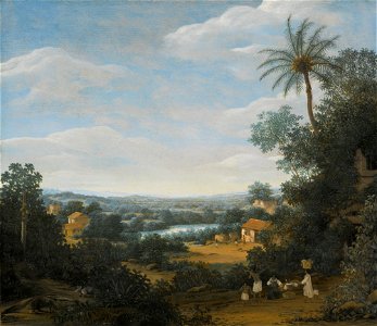 Frans Post - Paisagem brasileira com trabalhadores, tatu e tamanduá, c. 1670