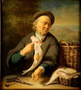 Frans van Mieris II - De visverkoper - BR0467 - Rijksmuseum Twenthe. Free illustration for personal and commercial use.