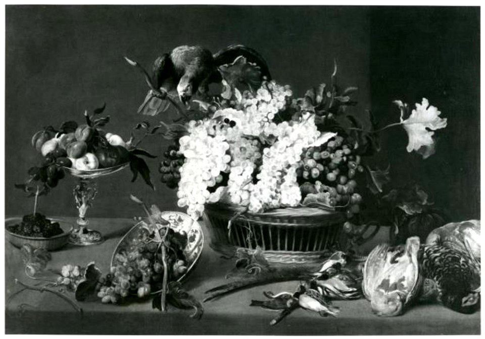 Frans Snijders - Een stillleven met dode vogels, een papegaai, een rieten mand en een tazza met fruit op een tafel - 52.9.201 - North Carolina Museum of Art