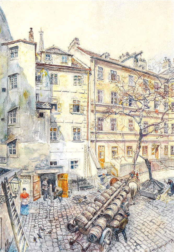 Franz Hohenberger Wiener Hinterhof mit Bierfässern 1897