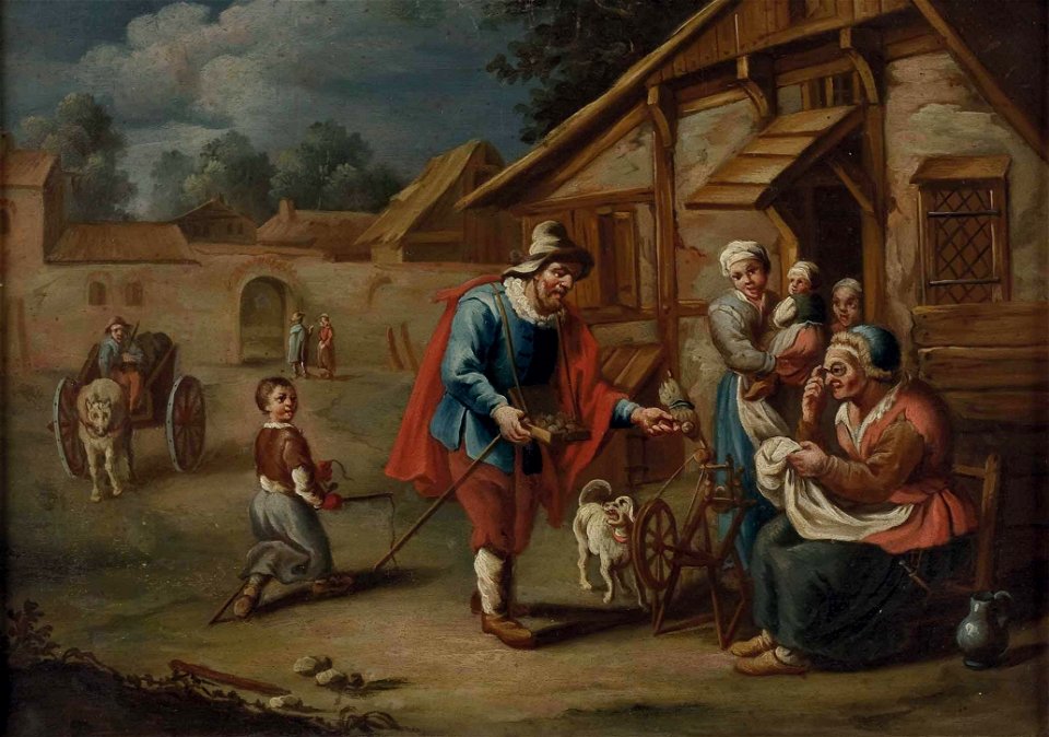 Franz Josef Textor (attr) Verkäufer bei der alten Frau im Bauerngehöft
