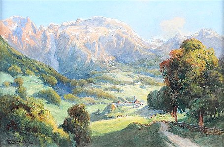 Franz Demel - Gebirgslandschaft mit einer Kirche im Tal. Free illustration for personal and commercial use.