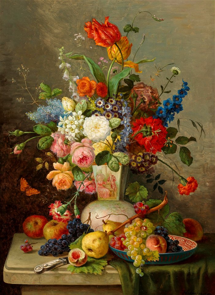 Franz Hohenberger Großes Blumenstück mit Obst auf Steinplatte