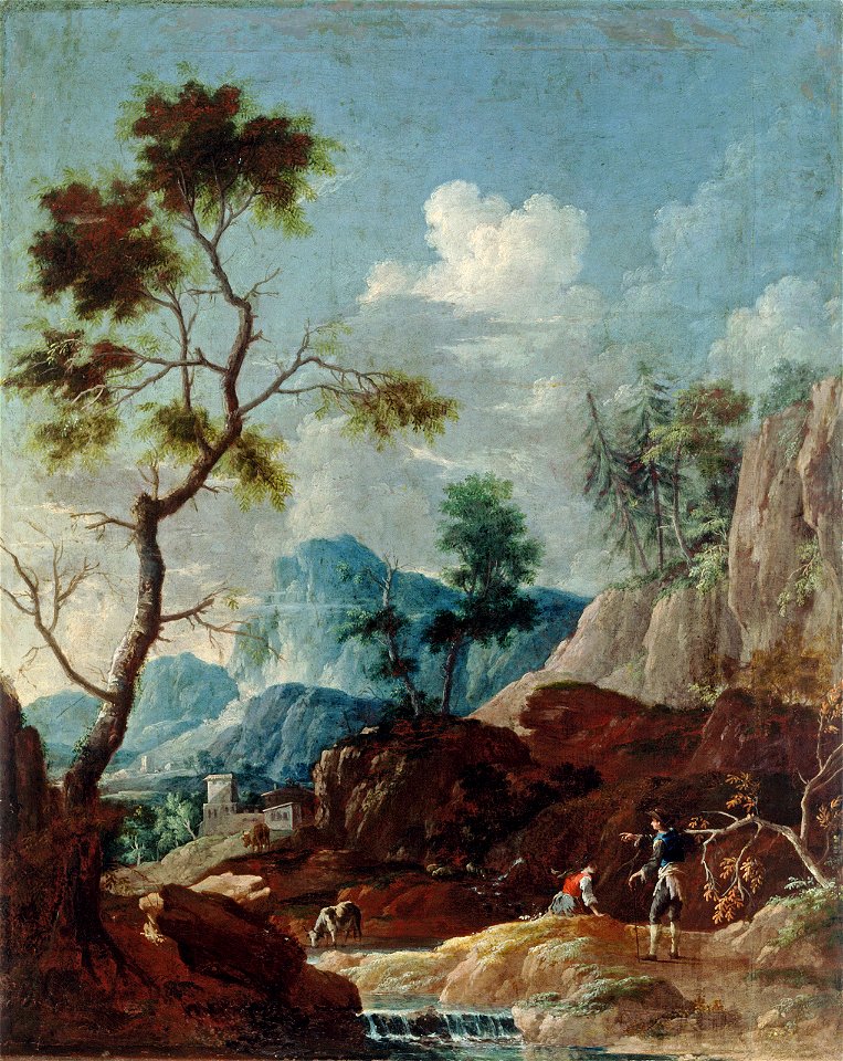 Franz Ignaz Flurer - Krajina z reko, ljudmi in živino na paši