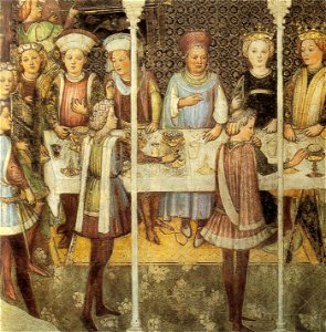 Fratelli zavattari, banchetto di nozze, cappella di teodolinda, duomo di monza, 1444. Free illustration for personal and commercial use.