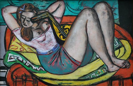 Frau mit Mandoline in Gelb und Rot 1950