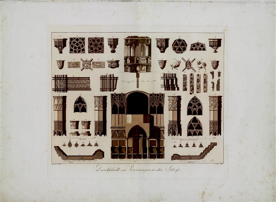 Friedrich Frick, Schloss Marienburg in Preussen, Tafel XVI, Durchschnitt und Verzierungen des alten Schlosses
