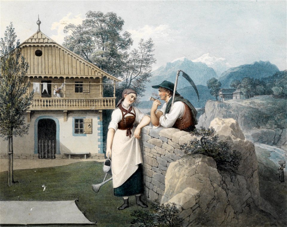 Friedrich Philip Reinhold (attr) Mädchen mit Gießkanne und Bauer mit Sense vor einem Giebelhaus