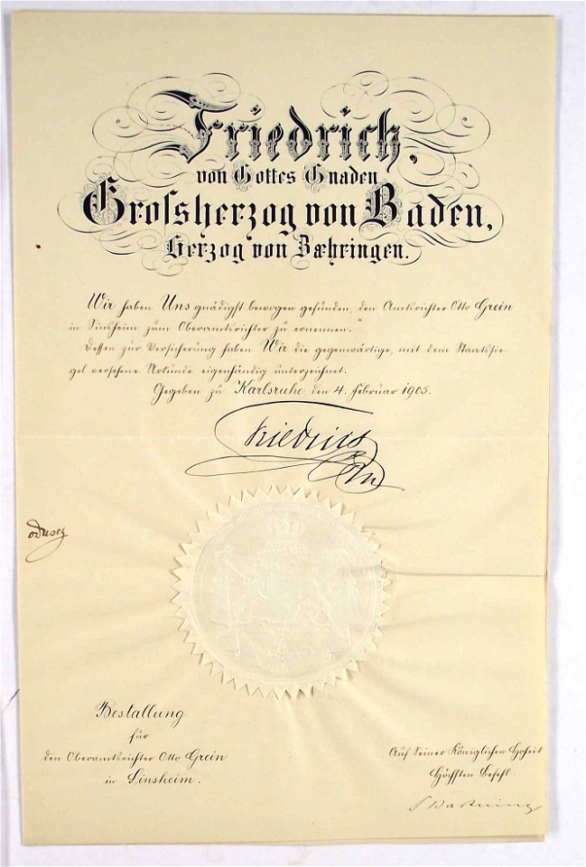 Friedrich I von Baden Urkunde 1905