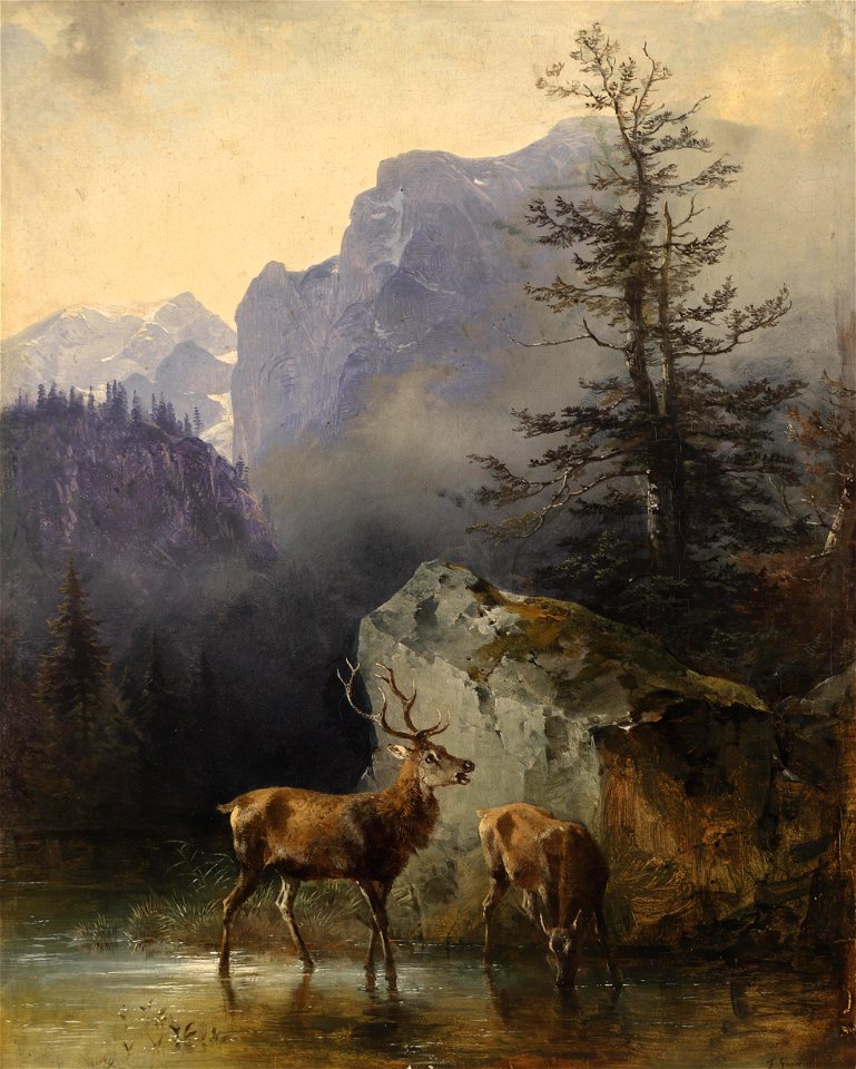 Friedrich Gauermann Hirsch und Tier an der Tränke