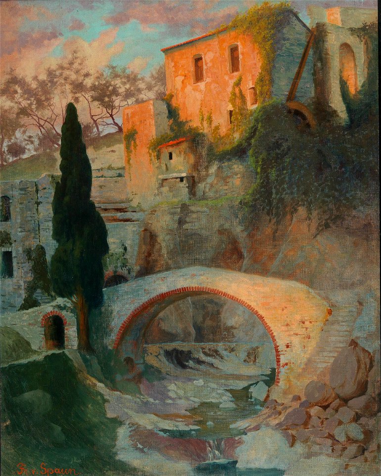 Friedrich von Spaun Südliche Landschaft mit Mühle und Brücke