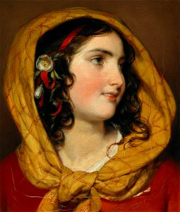 Friedrich von Amerling - Portrait of a girl with a red hairband and a yellow headscarf. Free illustration for personal and commercial use.