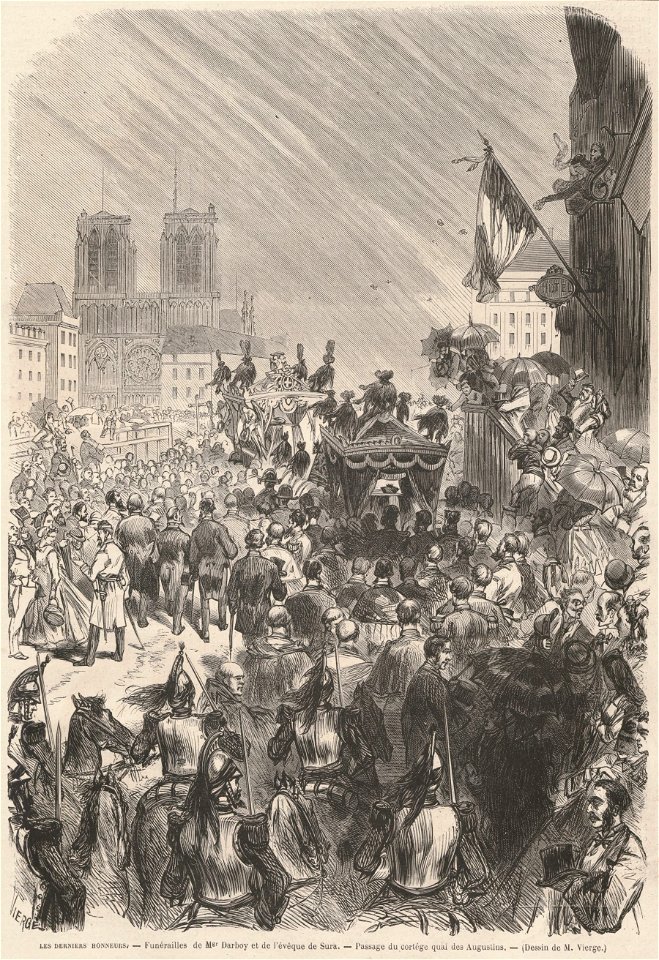 Funérailles de Mer Darboy et de l'évèque de Sura, passage du cortége quai des Augustins, de Vierge