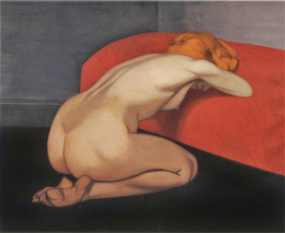 Félix Vallotton, 1915 - Femme nue agenouillée devant un canapé rouge