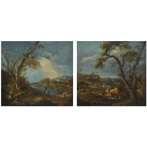 Guardi - Attributed to - A PAIR OF CAPRICCIO RIVER LANDSCAPES WITH FIGURES IN THE FOREGROUND, lot.77