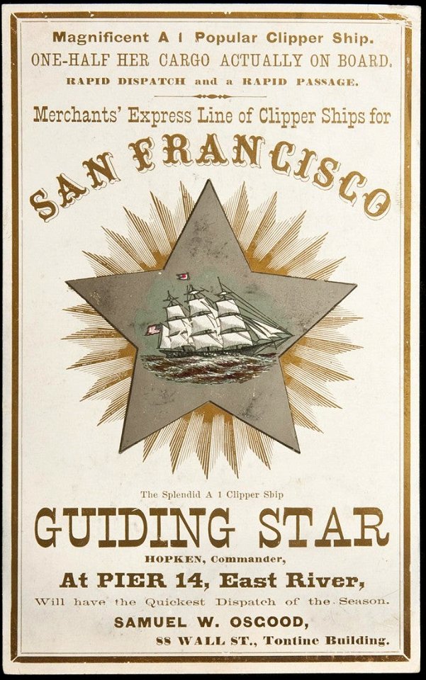 GUIDING STAR Clipper ship sailing card half cargo on board