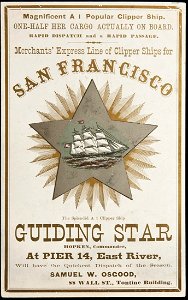 GUIDING STAR Clipper ship sailing card half cargo on board. Free illustration for personal and commercial use.
