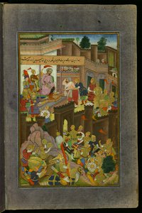 Having opened the gates of the Murghīnān fortress, ʿAlī Dūst Ṭaghāyī is paying homage to Babur