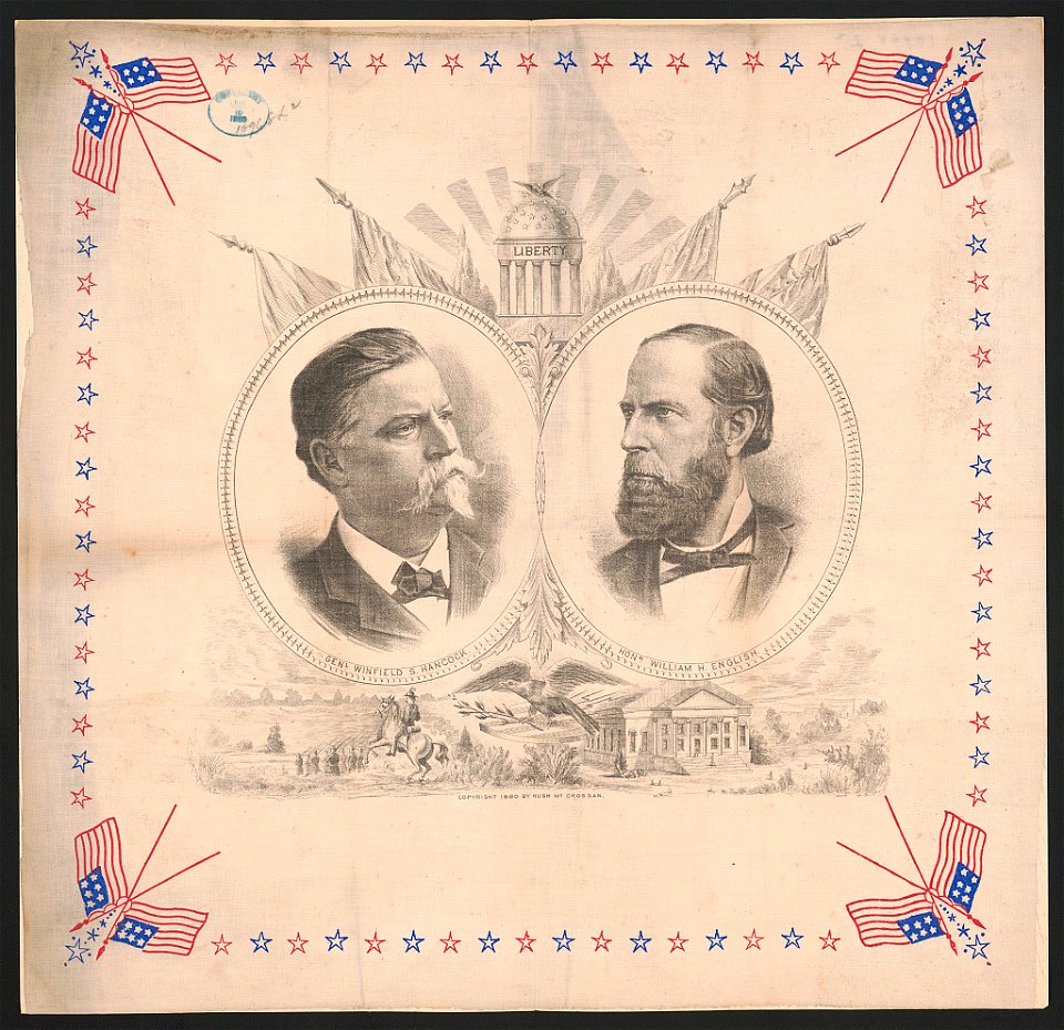 Head-and-shoulders portraits of Gen. Winfield Scott Hancock and Honr. William H. English in ovals, surrounded by patriotic motifs LCCN93513340