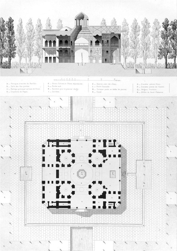 Hasht Behesht, Plan and section by Pascal Coste, 1840