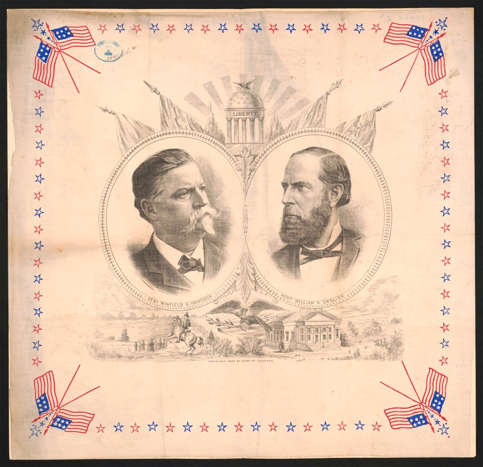 Head-and-shoulders portraits of Gen. Winfield Scott Hancock and Honr. William H. English in ovals, surrounded by patriotic motifs LCCN93513340