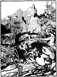He raised his hammer with a mighty swing (1901) by Arthur Rackham. Free illustration for personal and commercial use.