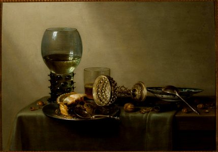 Heda Willem Claesz - Deser, martwa natura z ciastem, winem, piwem i orzechami. Free illustration for personal and commercial use.