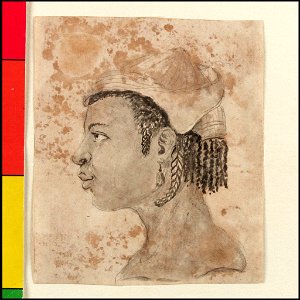 Head of a West African woman , wearing a hat, in left profile (Bray album) RMG PT2033