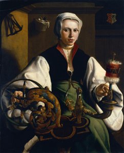 Maerten van Heemskerck - Portrait of a Lady spinning (Museo Thyssen-Bornemisza). Free illustration for personal and commercial use.