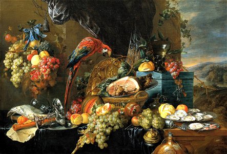 Heem, Jan Davidsz. de - A Richly Laid Table with Parrots - c. 1650. Free illustration for personal and commercial use.