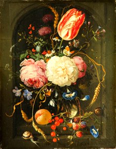 Still Life of Flowers in Glass Vase in Stone Niche by Jan Davidsz. De Heem