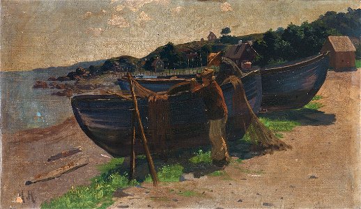 Heinrich Hellhoff Uferstück mit Fischerbooten