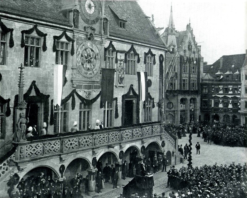 Heilbronn, Altes Rathaus, Freitreppe, Ansprache von König Wilhelm II. am 09.11.1906 zum 100jährigen Jubiläum des Füsilierregiments (4. Württembergisches Infanterie-Regiment Nr. 122)