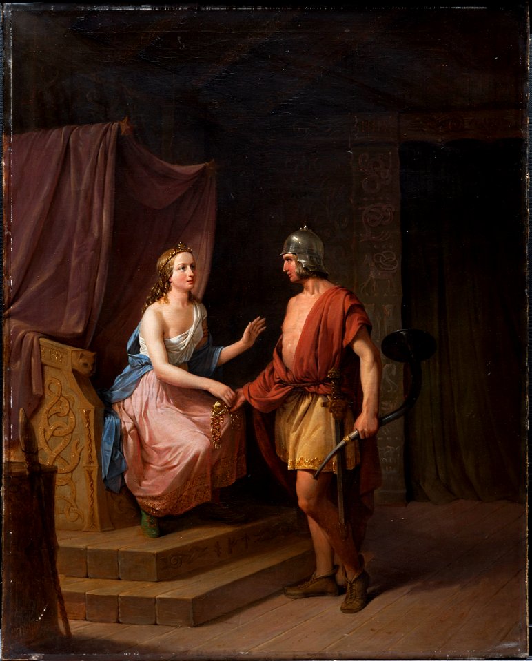 Heimdal överlämnar Brisingasmycket till Freja (Nils Andersson) - Nationalmuseum - 154196