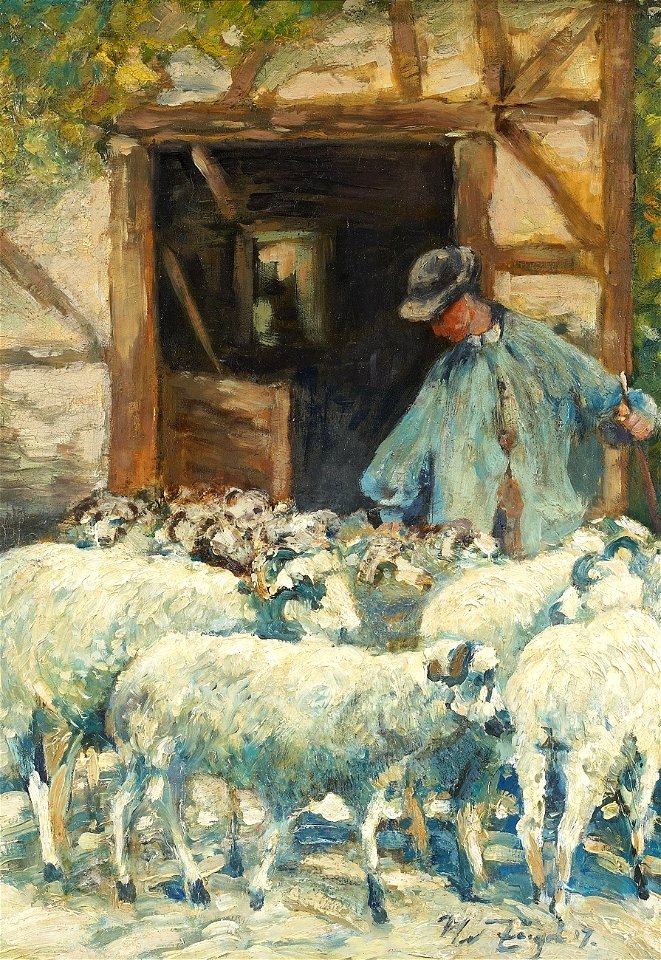 Heinrich von Zügel Hirte mit Schafherde vor dem Stall