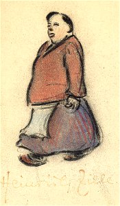 Heinrich Zille Frau in blau-rotem Kleid mit Schürze