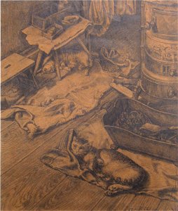 Heinrich (Henri) Ebel, Intérieur paysan avec des chats (Bauernstube mit Katzen)