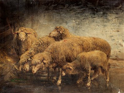 Heinrich von Zügel Sheep in a barn 1885. Free illustration for personal and commercial use.