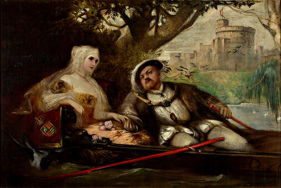 Heinrich VIII mit einer seiner Frauen auf Brautfahrt vor Schloss Windsor.