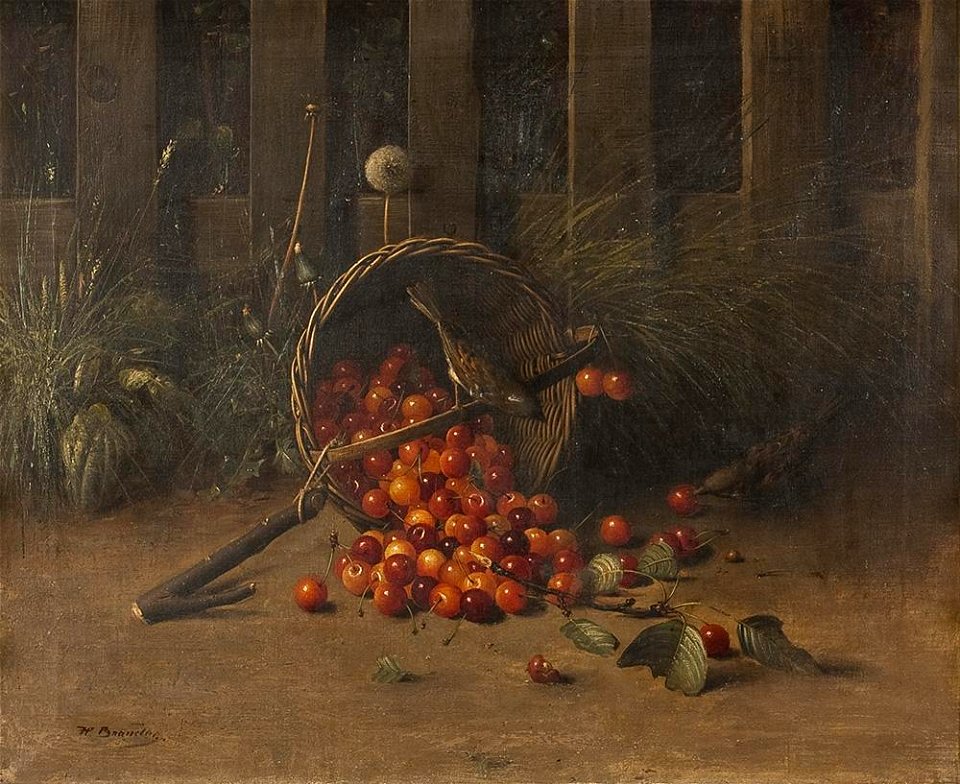 Heinrich Brandes - Stillleben mit Kirschkorb und Spatzen