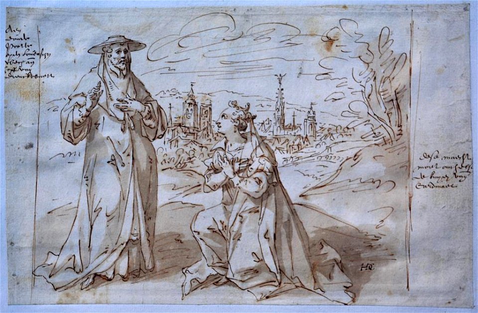 Hendrick De Clerck - Bruxella kneeling before the archduke Albert