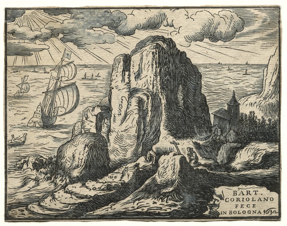 Hendrick Goltzius (Dutch, 1558–1617) - Set of 4 Landscapes, No. 4 - Cliff on the Seashore - 1953.263 - Cleveland Museum of Art