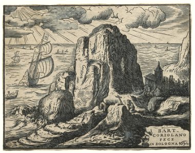 Hendrick Goltzius (Dutch, 1558–1617) - Set of 4 Landscapes, No. 4 - Cliff on the Seashore - 1953.263 - Cleveland Museum of Art